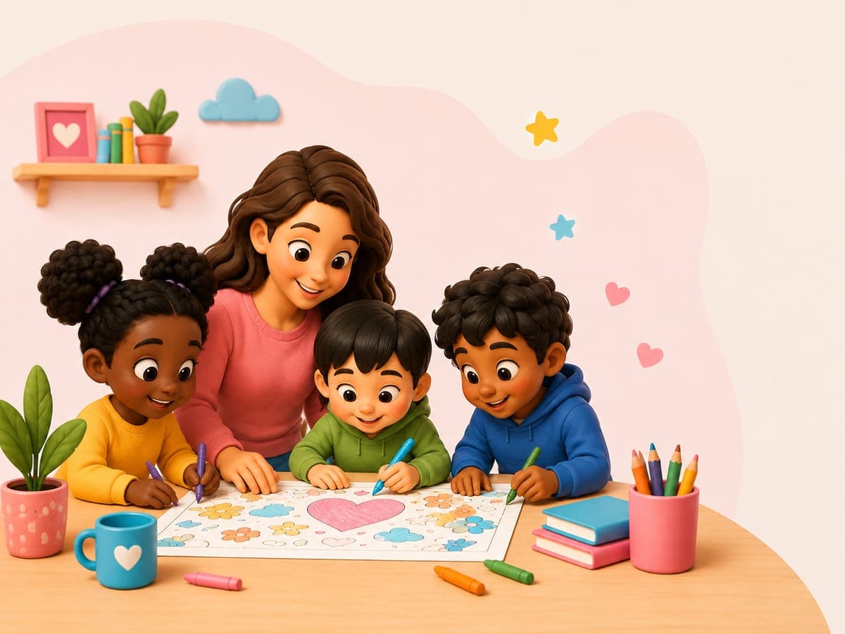 A parent and three young children coloring a printable worksheet together at a kitchen table.